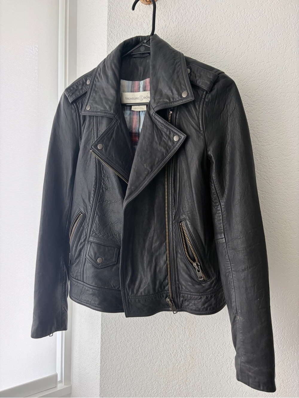 Treasure & Bond Black Moto Leather Jacket with Zip Details